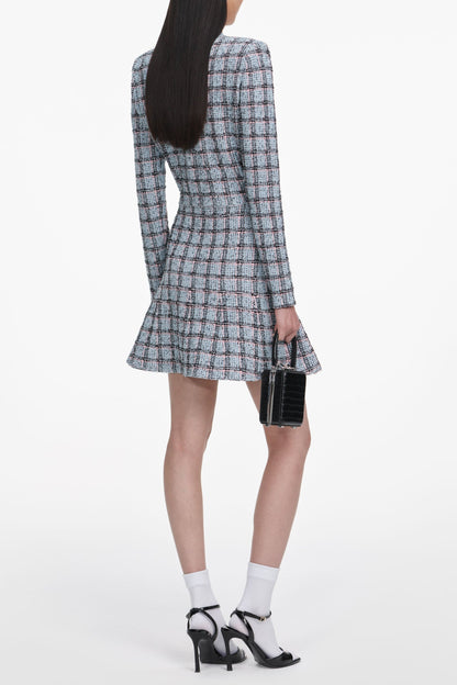 Marjorie Rhinestone Check Knit Cardigan Skirt Set - pale blue