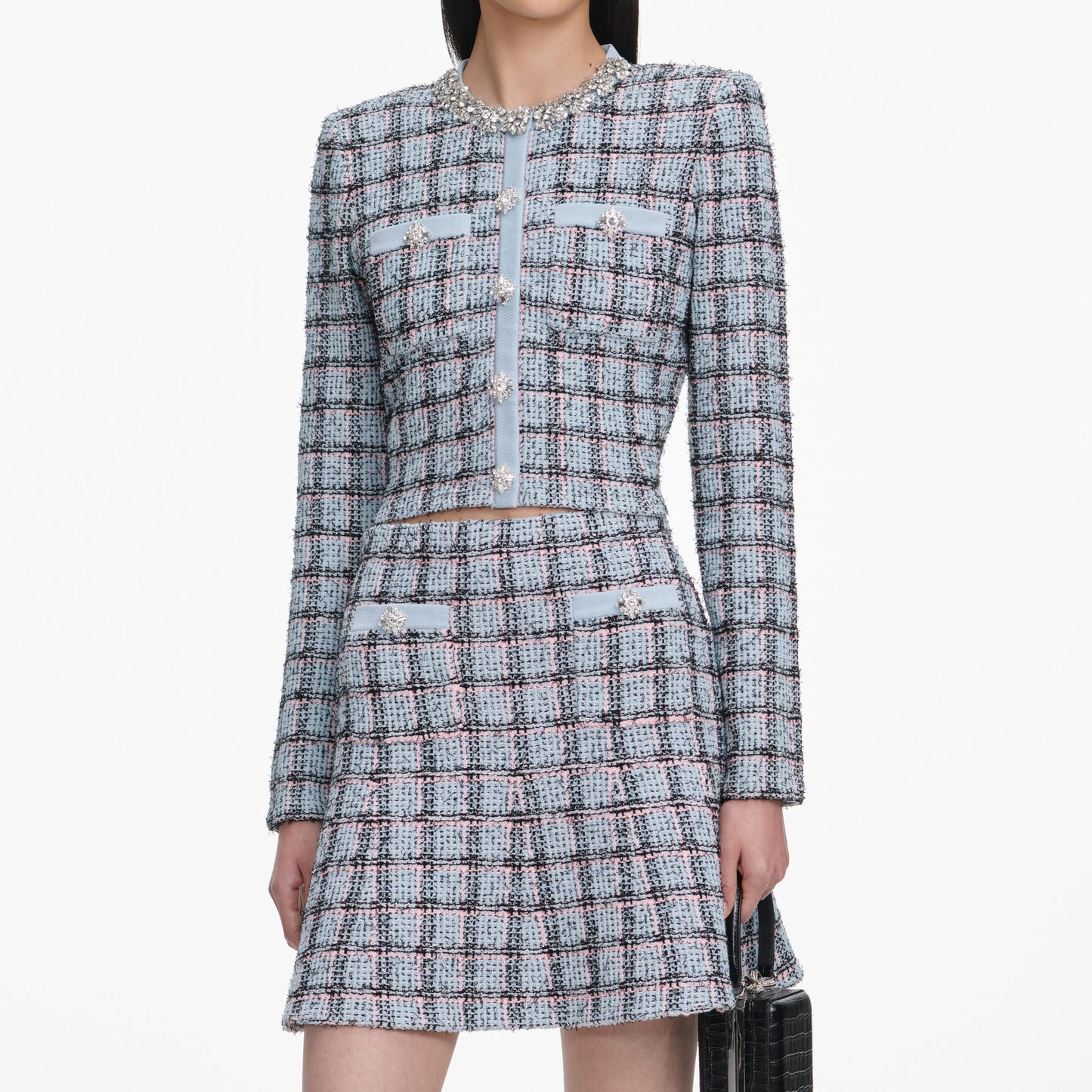 Marjorie Rhinestone Check Knit Cardigan Skirt Set - pale blue