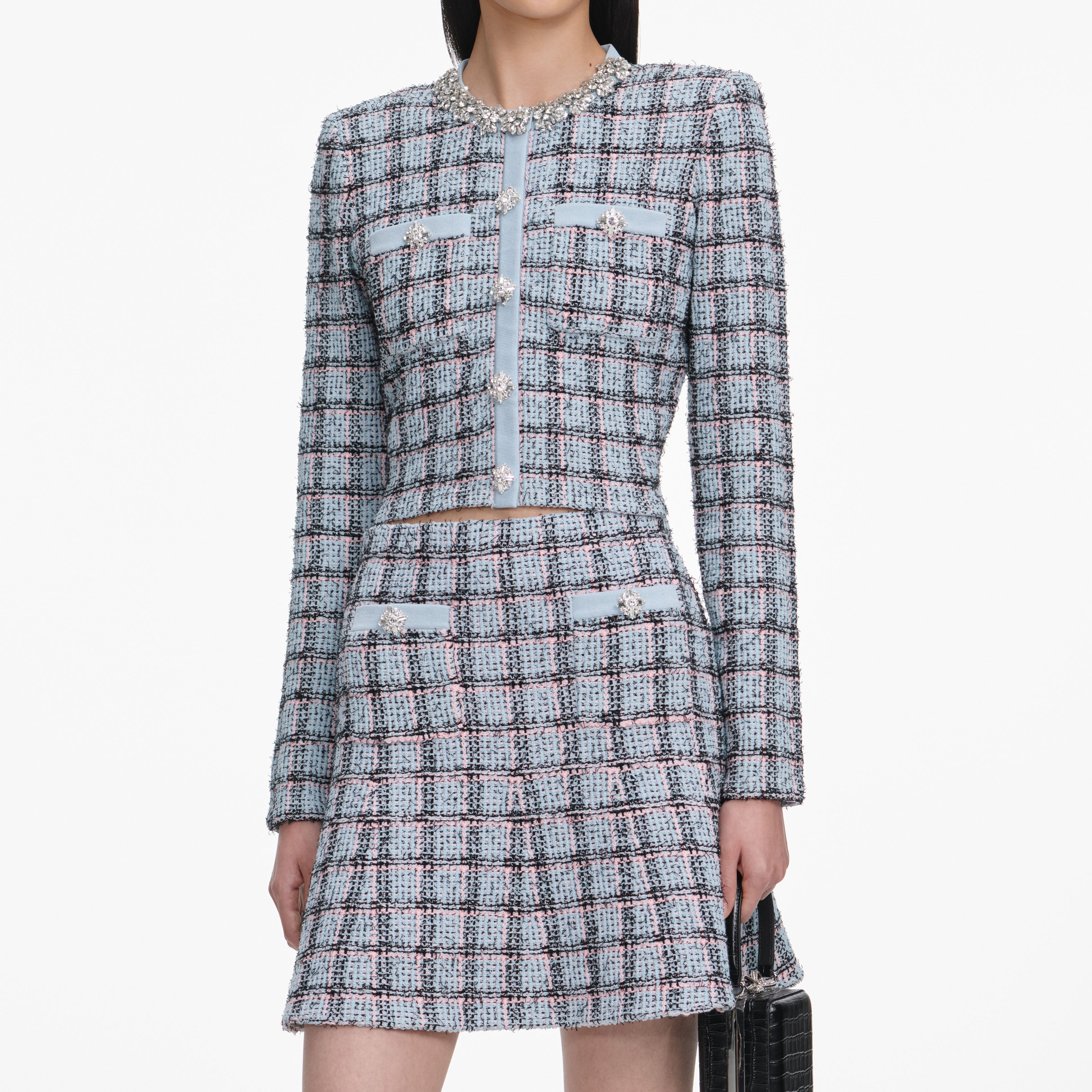 Marjorie Rhinestone Check Knit Cardigan Skirt Set - pale blue Avalabel