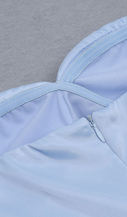 STRAPLESS Satin PUFF SLEEVES MIDI DRESS IN BLUE