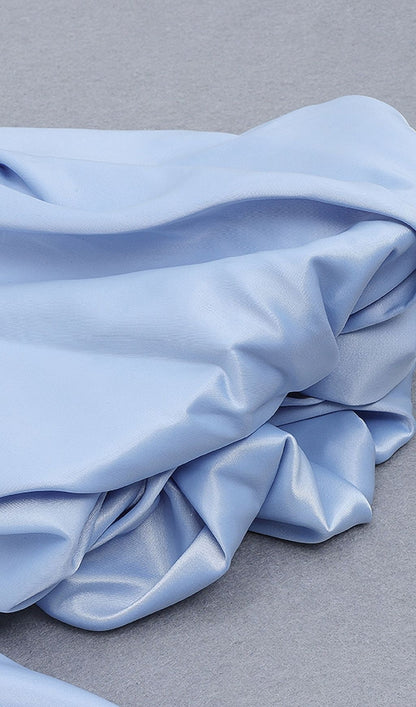 STRAPLESS Satin PUFF SLEEVES MIDI DRESS IN BLUE