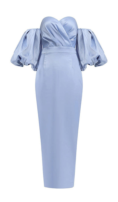 STRAPLESS Satin PUFF SLEEVES MIDI DRESS IN BLUE