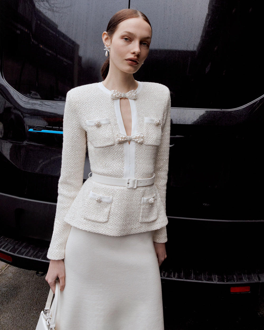 Cream Sequin Knit Tailored Midi Dress Avalabel