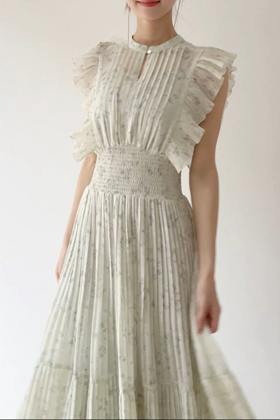 Audrey Sleeveless Pleated Floral Midi Dress in Mint Green Avalabel