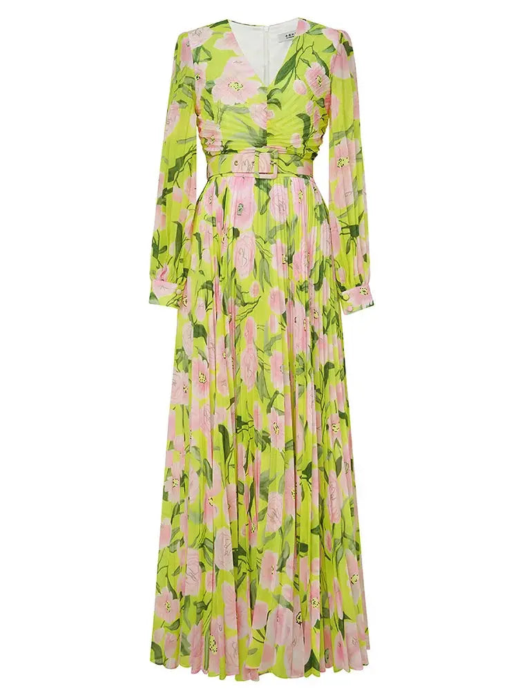 jennifer floral print pleated lantern sleeve maxi dress in yellow Avalabel