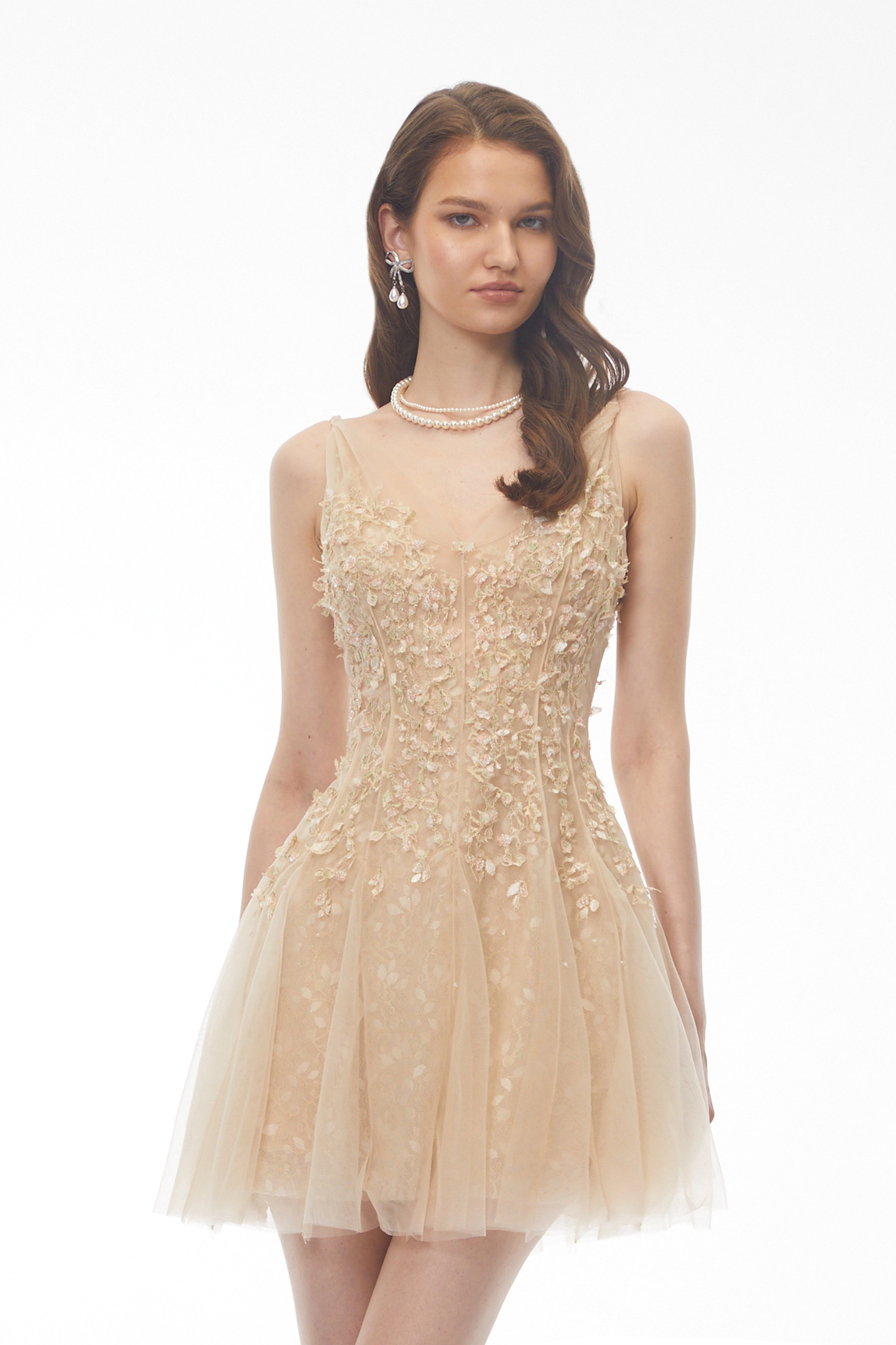 Saga Neutral Pleated Mini Dress with 3D Petals Avalabel