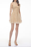 Saga Neutral Pleated Mini Dress with 3D Petals Avalabel