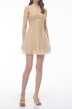 Saga Neutral Pleated Mini Dress with 3D Petals Avalabel