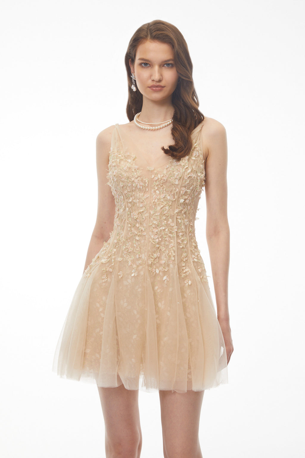 Saga Neutral Pleated Mini Dress with 3D Petals Avalabel