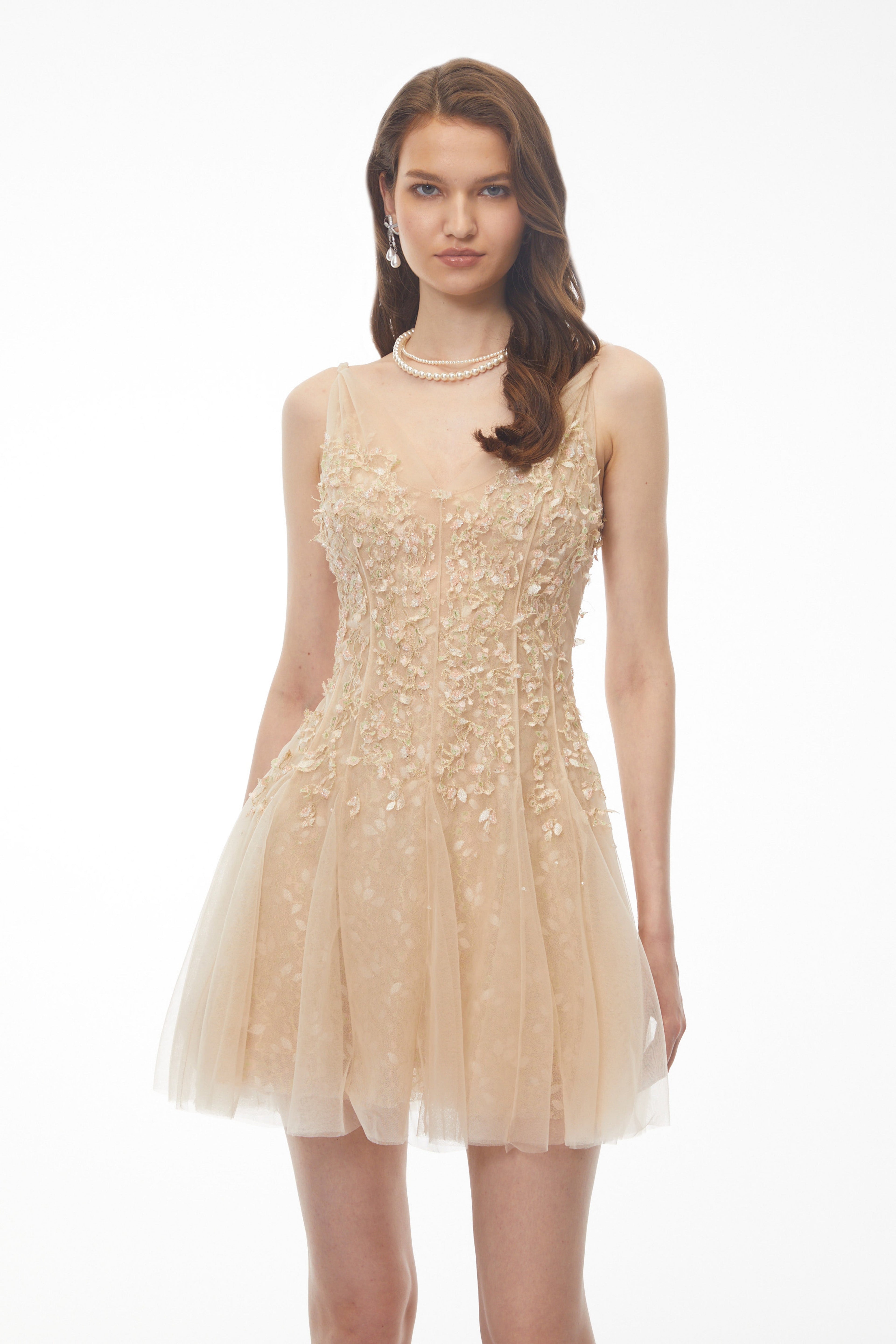 Saga Neutral Pleated Mini Dress with 3D Petals Avalabel