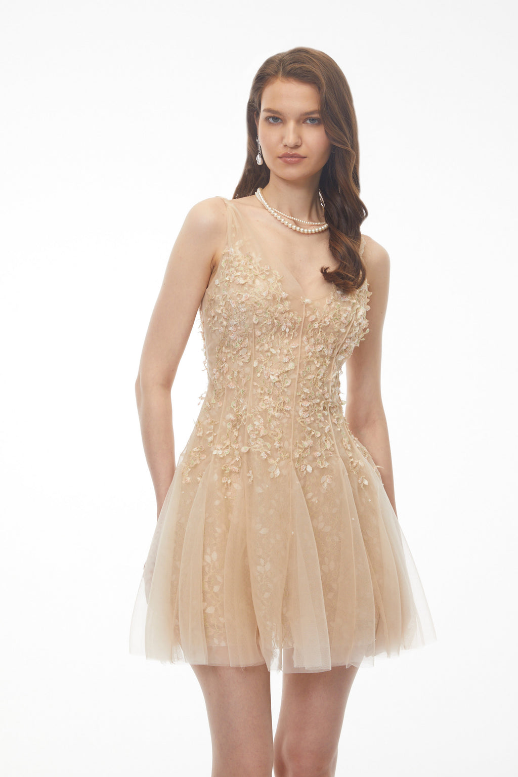 Saga Neutral Pleated Mini Dress with 3D Petals Avalabel