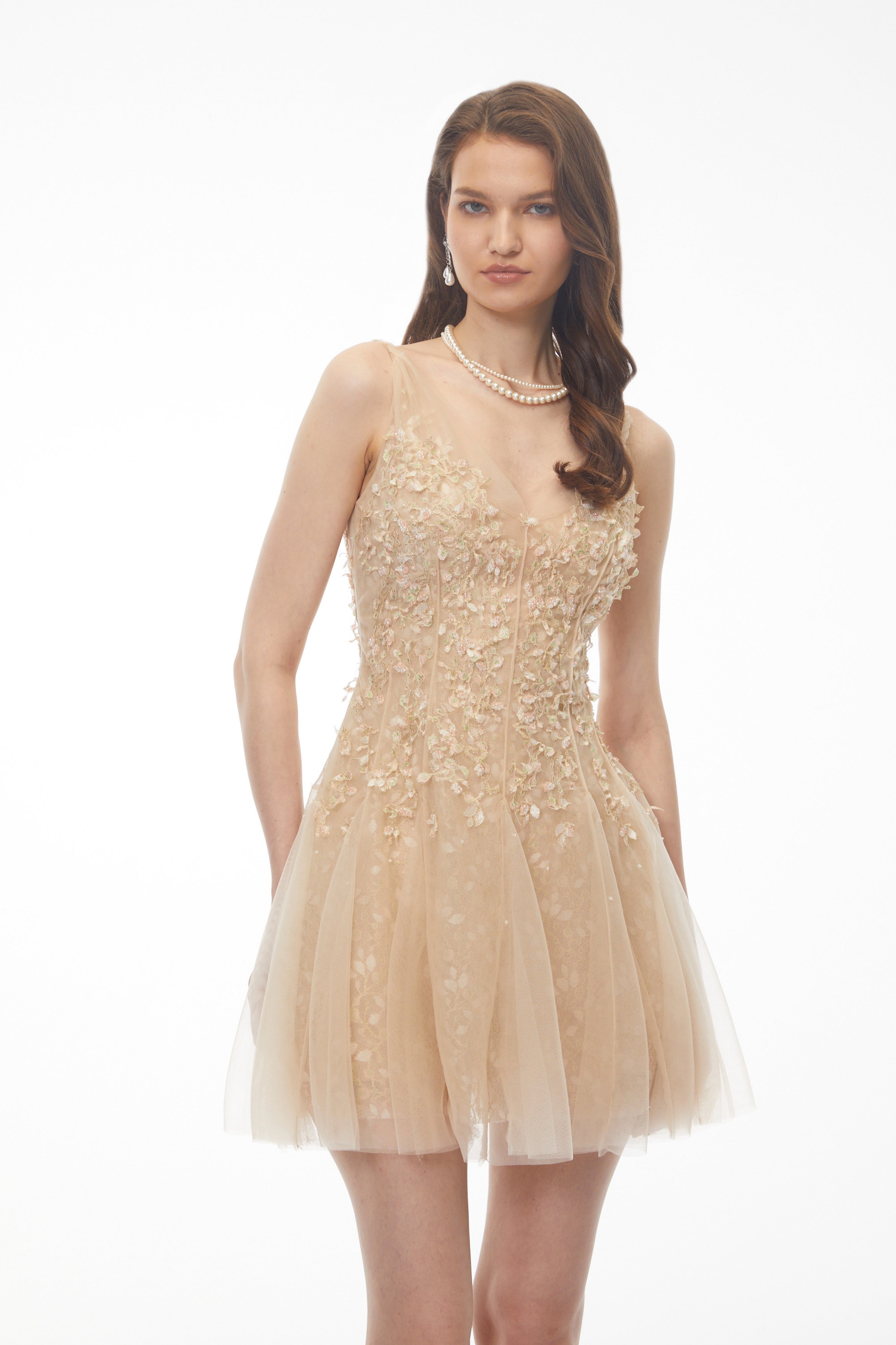 Saga Neutral Pleated Mini Dress with 3D Petals Avalabel