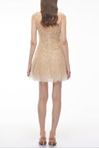 Saga Neutral Pleated Mini Dress with 3D Petals Avalabel