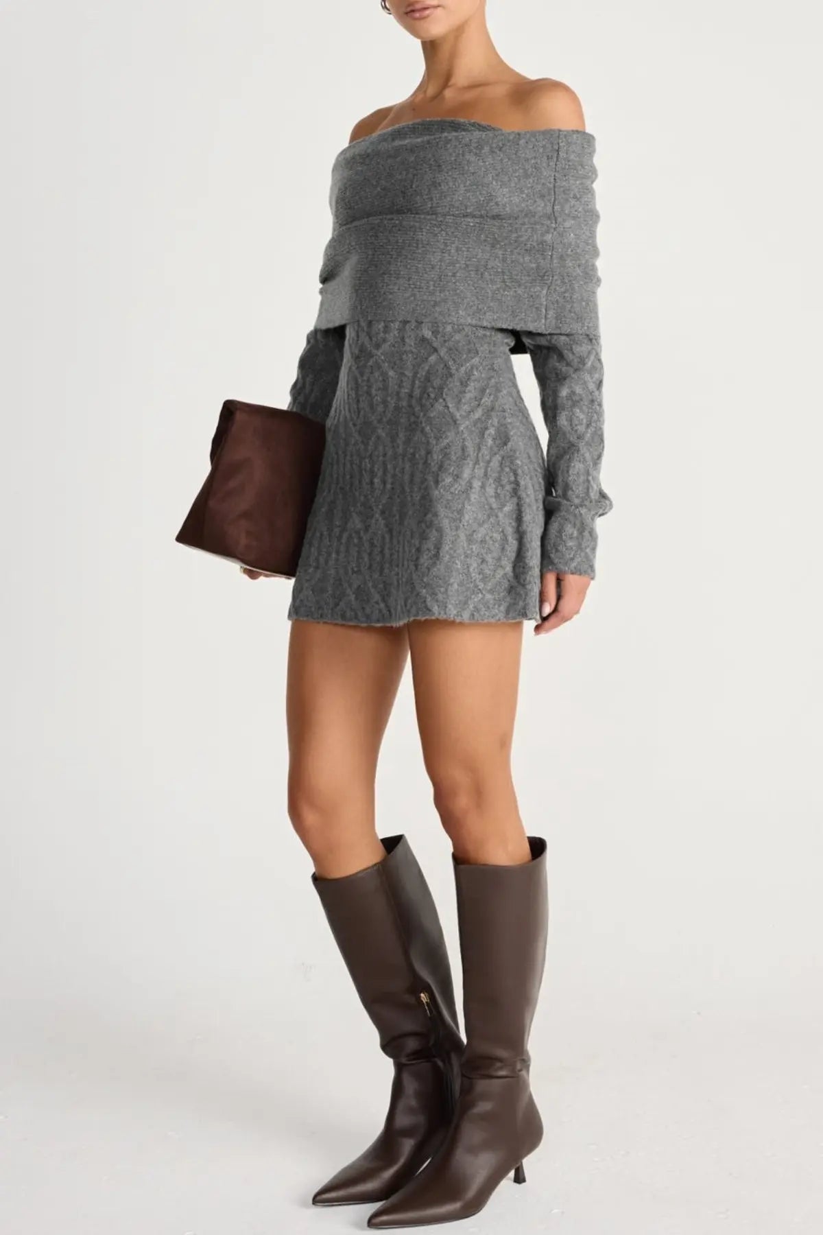 gwendolyn Off Shoulder Knit Mini Dress - Grey Avalabel