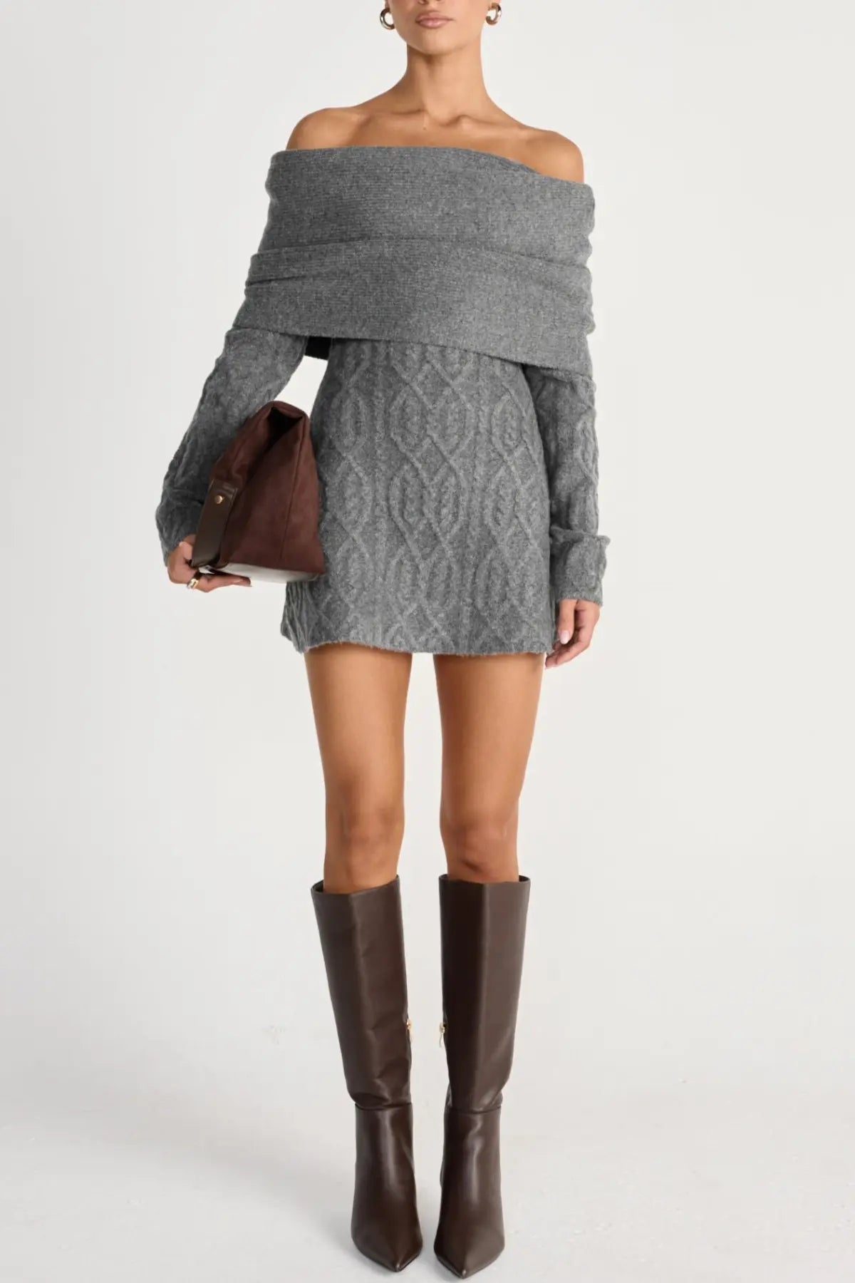 gwendolyn Off Shoulder Knit Mini Dress - Grey Avalabel