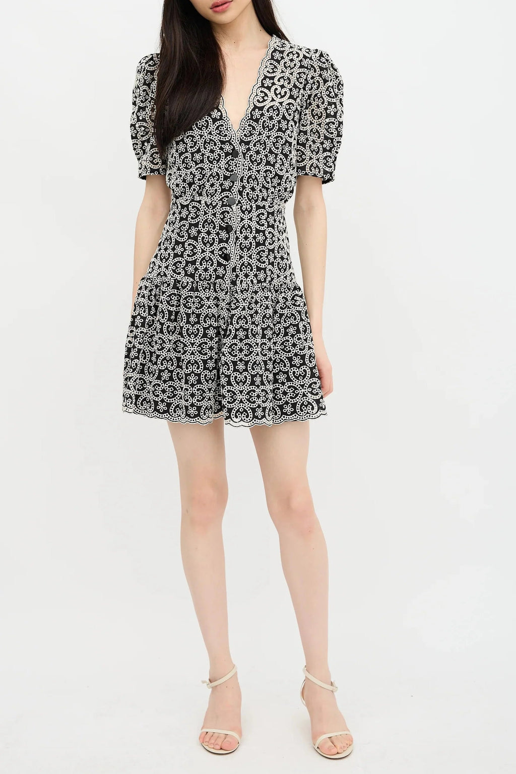 Black V-Neckline Guipure Mini Dress Avalabel