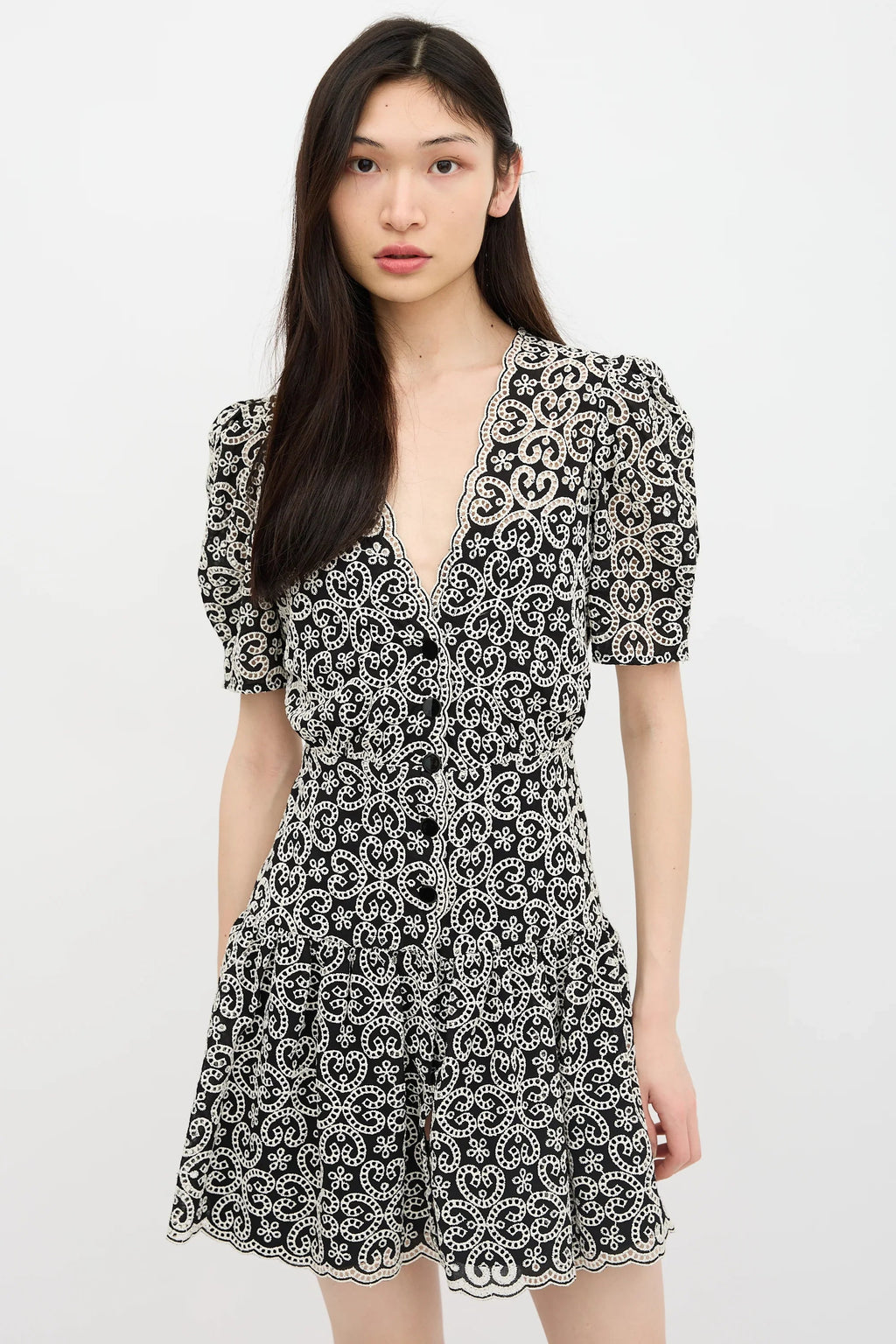Black V-Neckline Guipure Mini Dress Avalabel