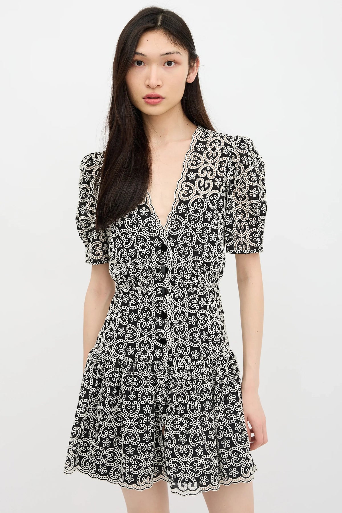 Black V-Neckline Guipure Mini Dress Avalabel