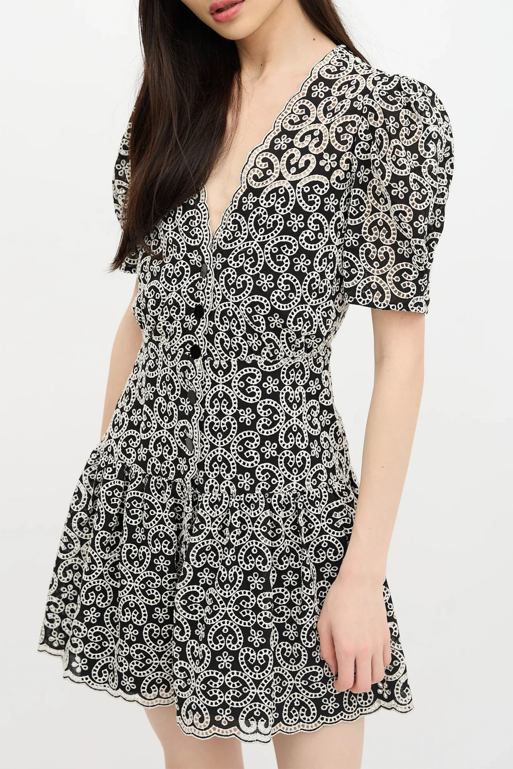 Black V-Neckline Guipure Mini Dress Avalabel