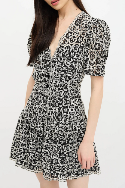 Black V-Neckline Guipure Mini Dress