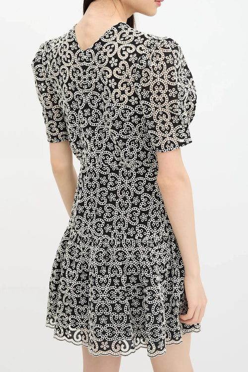 Black V-Neckline Guipure Mini Dress Avalabel