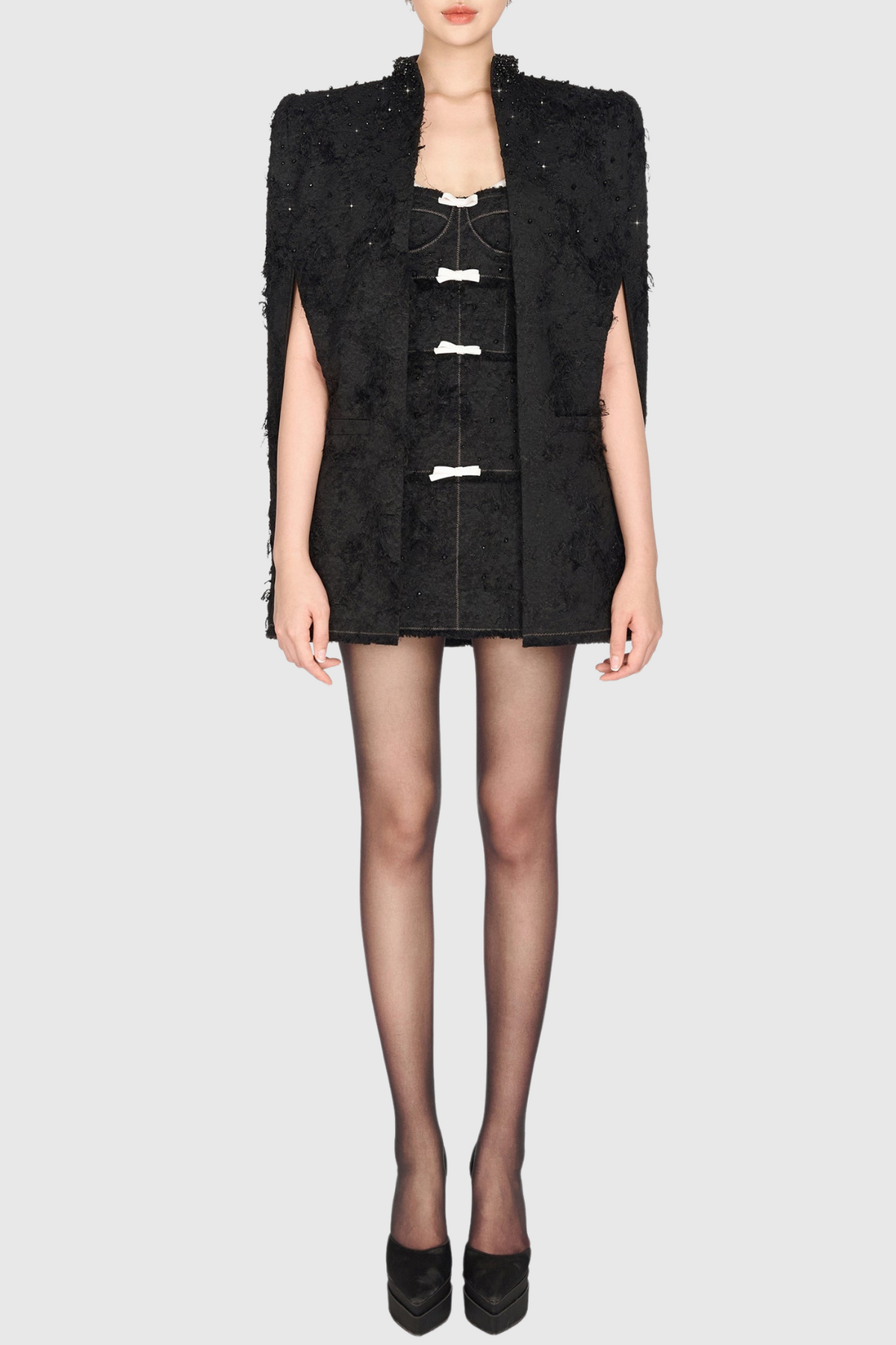 Santos Bow Jacquard Beaded Mini Dress - Black Avalabel