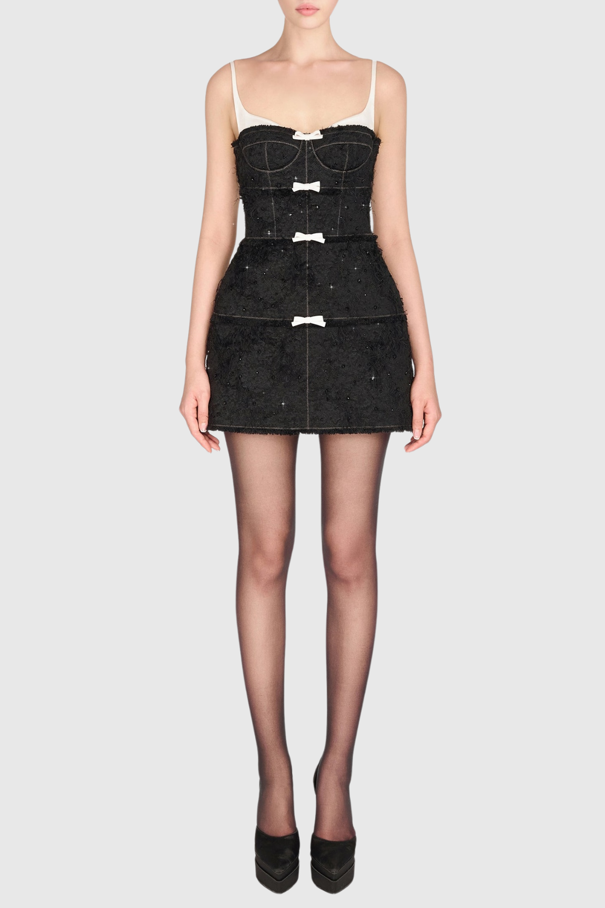 Santos Bow Jacquard Beaded Mini Dress - Black Avalabel