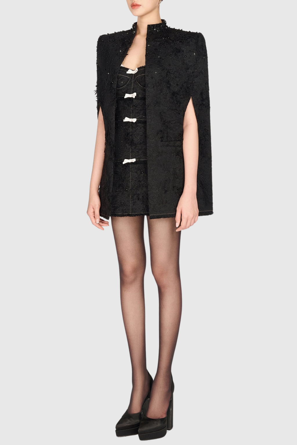 Santos Bow Jacquard Beaded Mini Dress - Black Avalabel