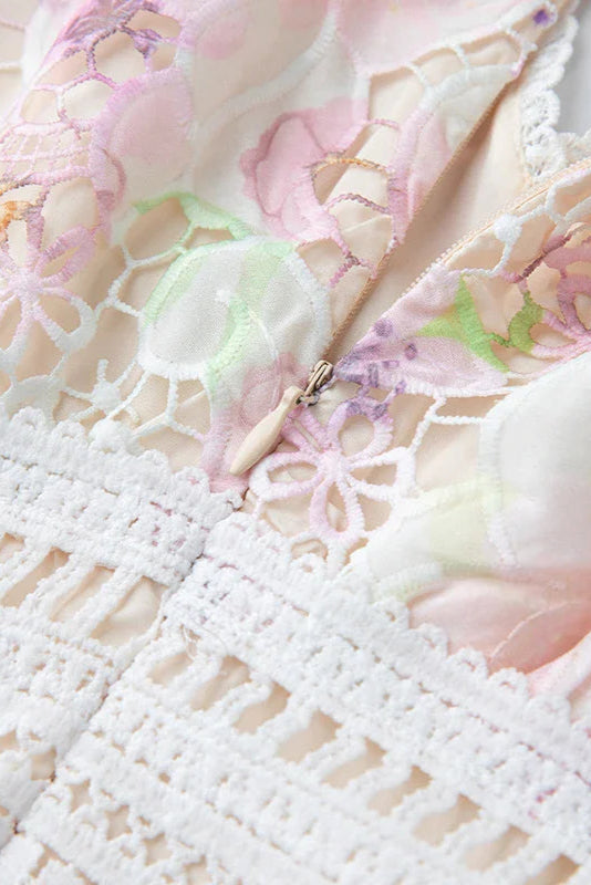 FLYING SLEEVES HIGH WAIST SLIM FIT FLORAL LACE DRESS Avalabel