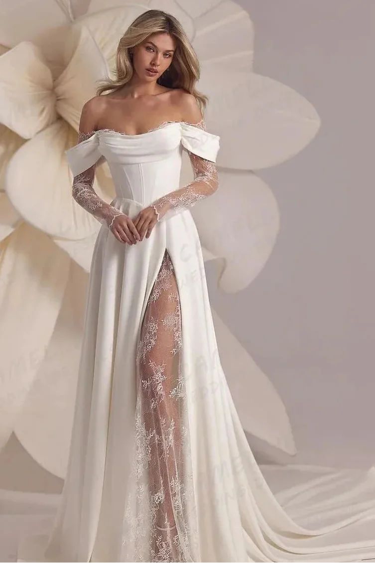 A Line Off Shoulder Split Satin Lace Appliques Bridal Gowns Avalabel