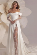 A Line Off Shoulder Split Satin Lace Appliques Bridal Gowns Avalabel