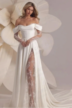 A Line Off Shoulder Split Satin Lace Appliques Bridal Gowns Avalabel