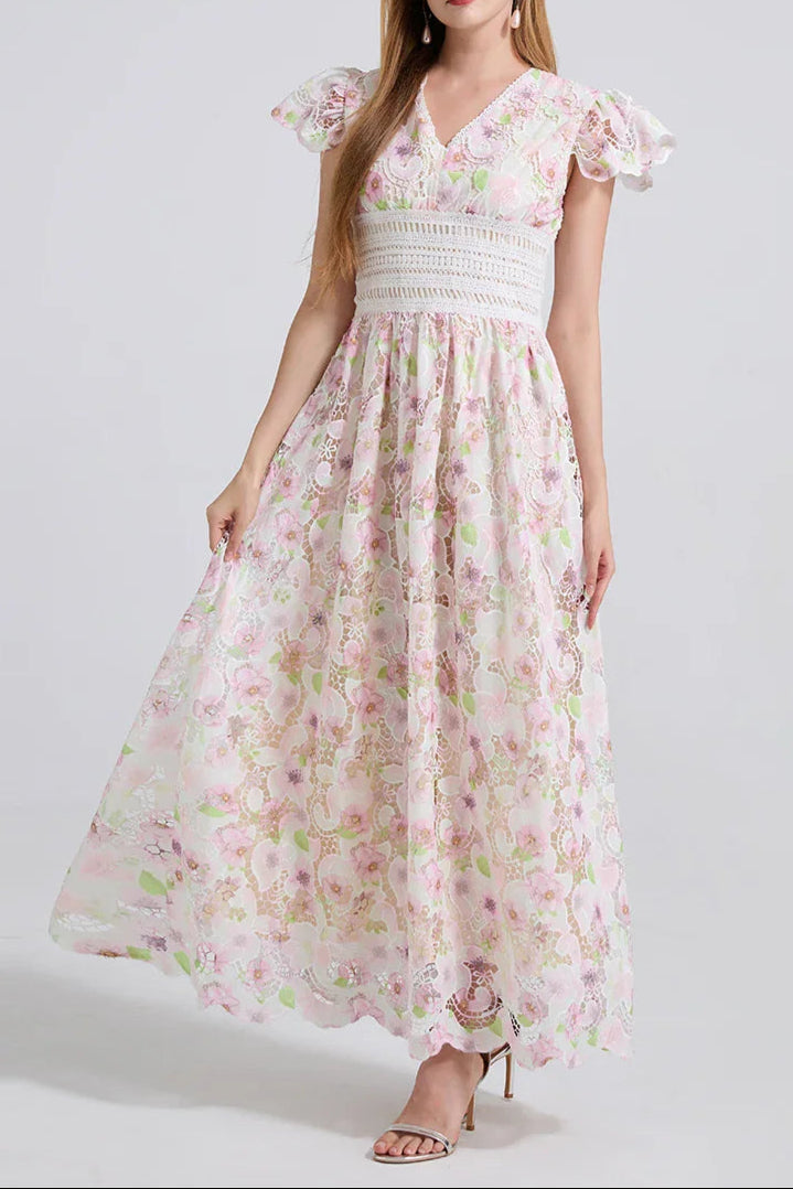 FLYING SLEEVES HIGH WAIST SLIM FIT FLORAL LACE DRESS Avalabel