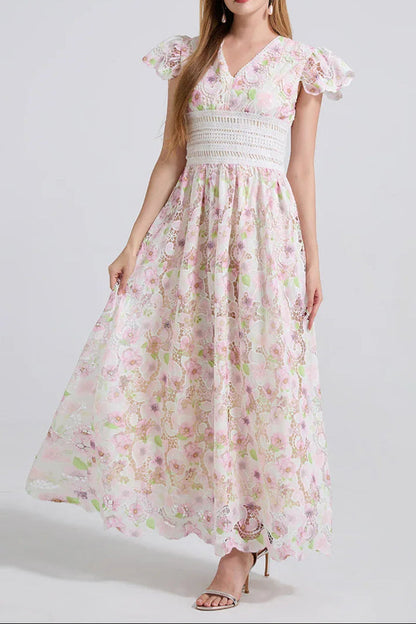 FLYING SLEEVES HIGH WAIST SLIM FIT FLORAL LACE DRESS Avalabel