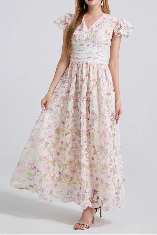 FLYING SLEEVES HIGH WAIST SLIM FIT FLORAL LACE DRESS