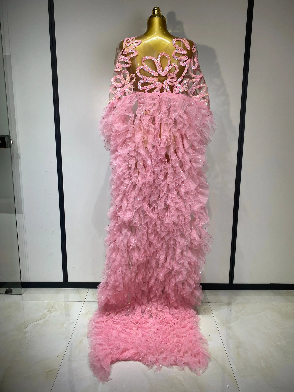 Sparkly Mesh See Through Maxi Dress In Pink Avalabel