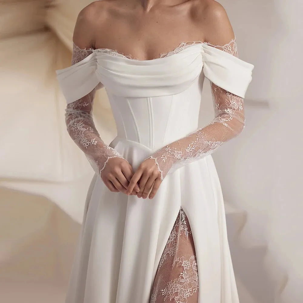 A Line Off Shoulder Split Satin Lace Appliques Bridal Gowns Avalabel