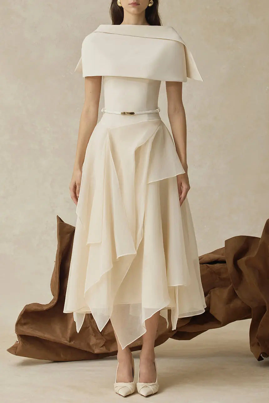 kelly beige Cape Sleeve Ruffle Midi Dress with belt Avalabel