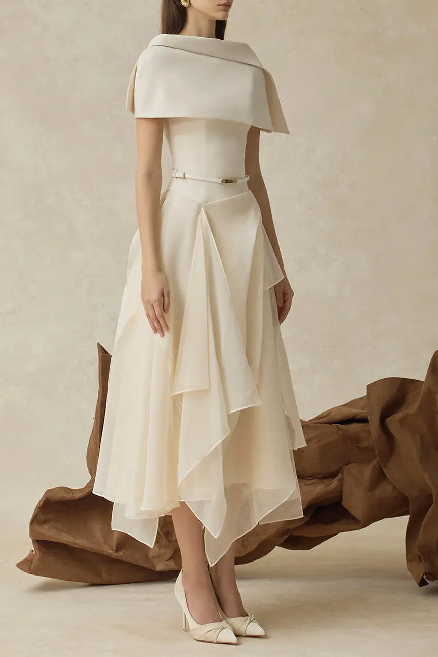 kelly beige Cape Sleeve Ruffle Midi Dress with belt Avalabel