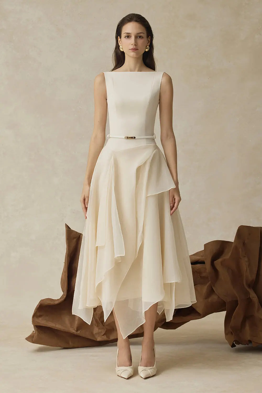 kelly beige Cape Sleeve Ruffle Midi Dress with belt Avalabel