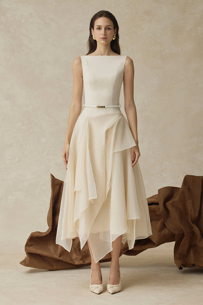 kelly beige Cape Sleeve Ruffle Midi Dress with belt