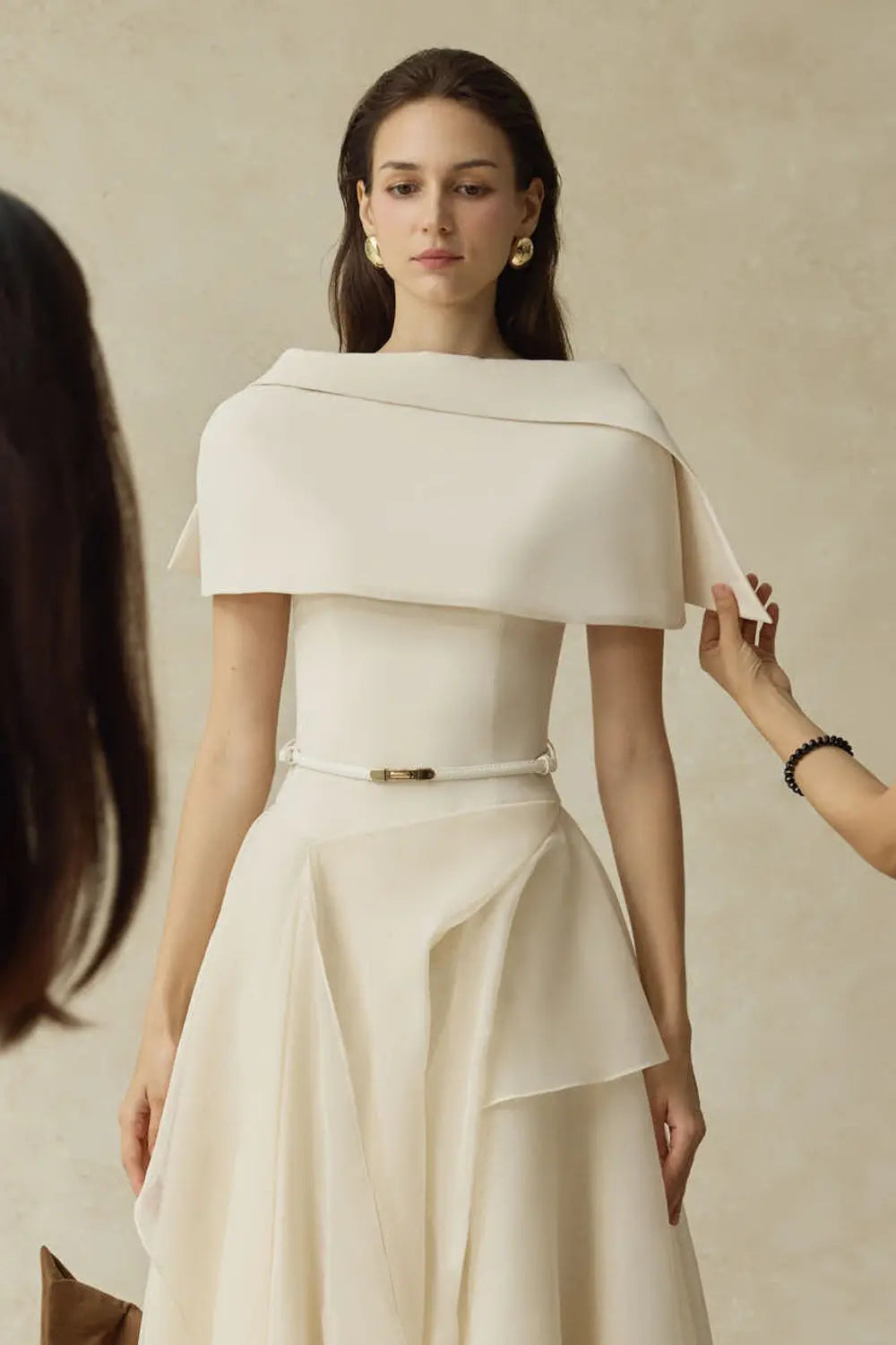 kelly beige Cape Sleeve Ruffle Midi Dress with belt Avalabel