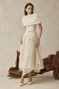 kelly beige Cape Sleeve Ruffle Midi Dress with belt Avalabel