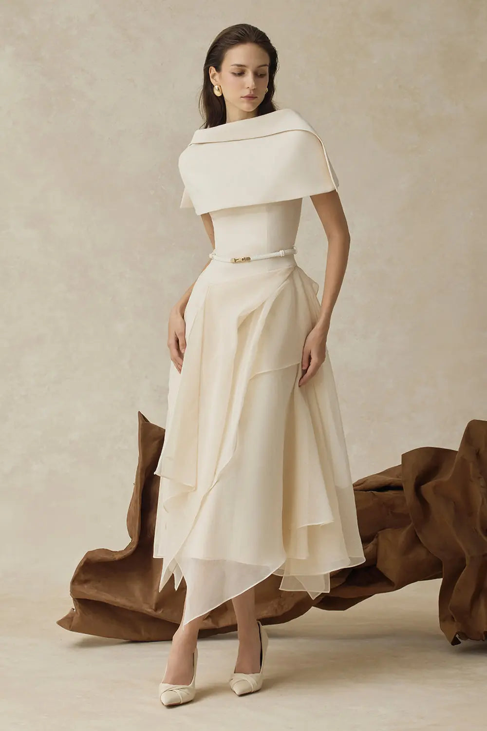 kelly beige Cape Sleeve Ruffle Midi Dress with belt Avalabel