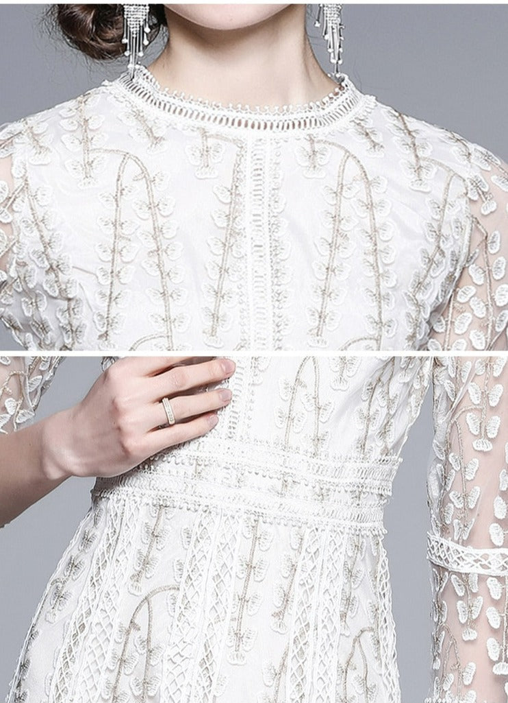 Josephine Lace Embroidered Mesh Midi Dress in White 2026