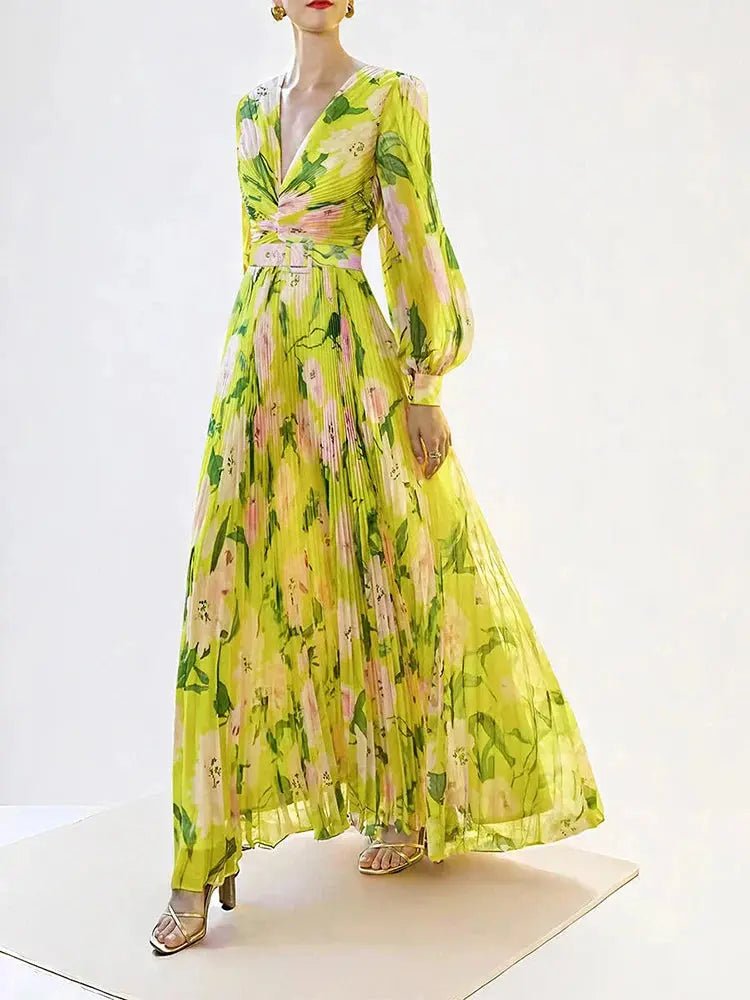 jennifer floral print pleated lantern sleeve maxi dress in yellow Avalabel