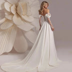 A Line Off Shoulder Split Satin Lace Appliques Bridal Gowns Avalabel
