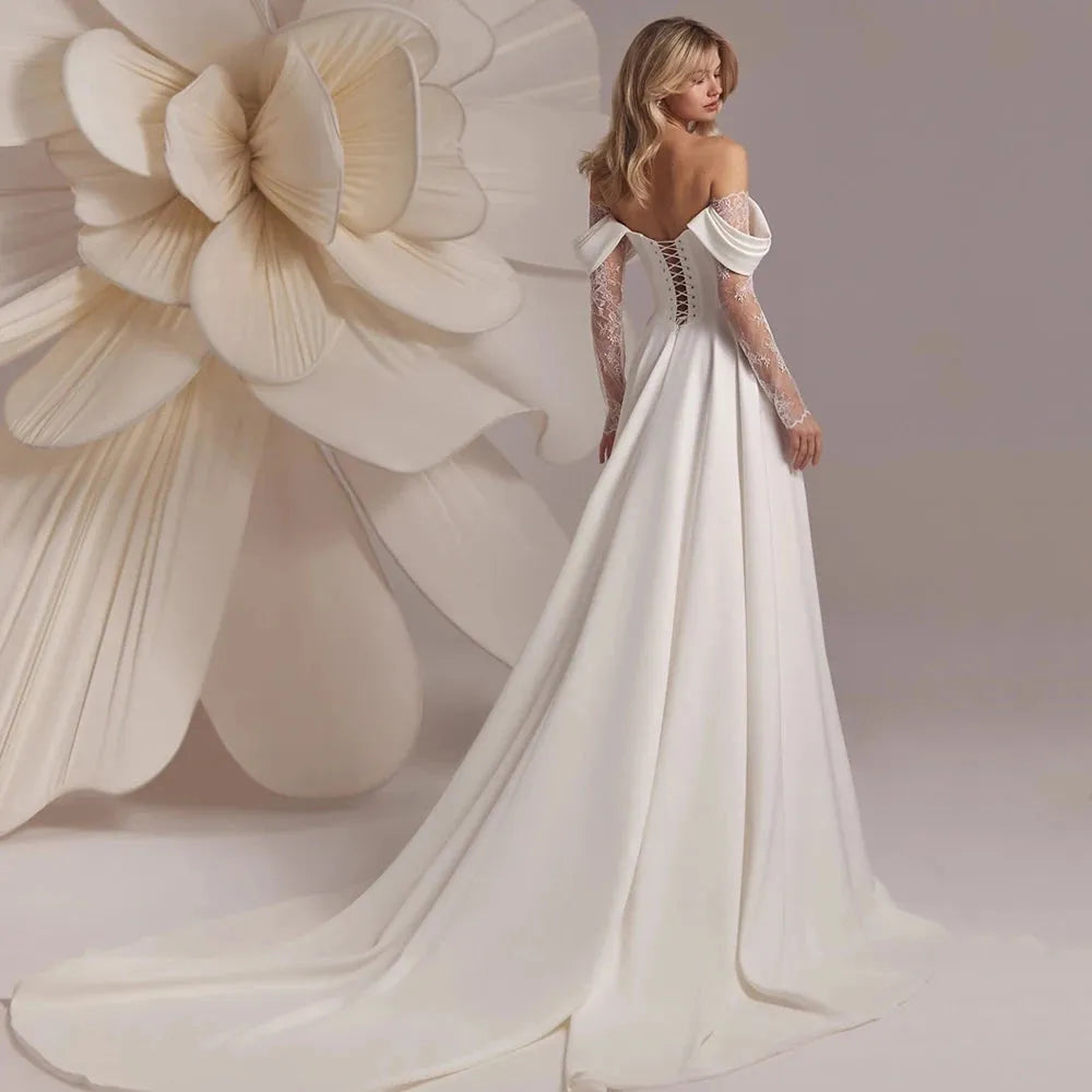 A Line Off Shoulder Split Satin Lace Appliques Bridal Gowns Avalabel