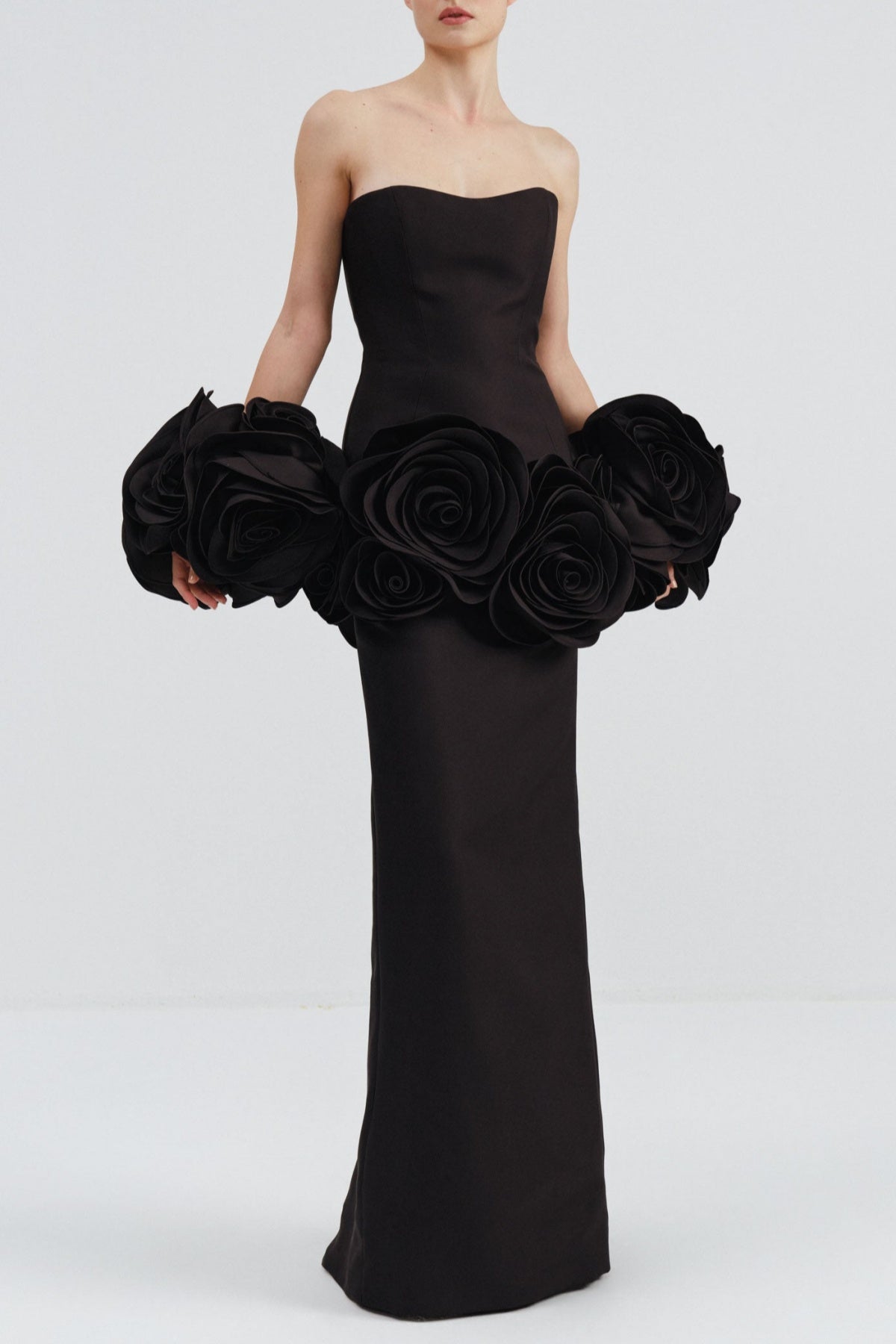 Floral Appliqué Strapless Maxi Bandage Dress - Black Avalabel