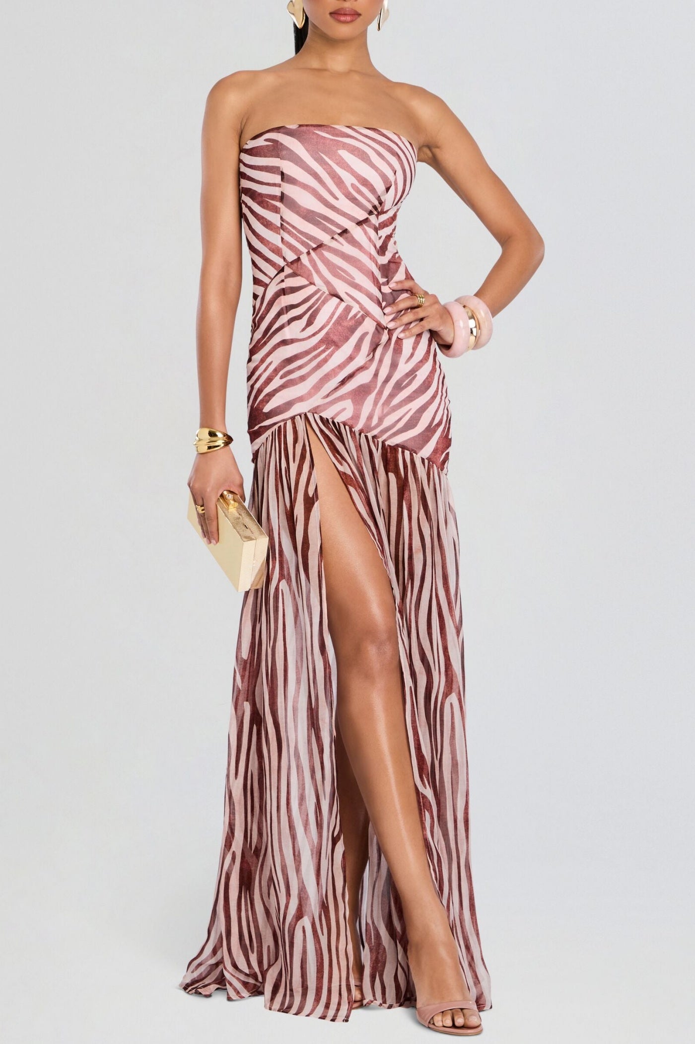 Shmaka Zebra Print Strapless Slit Maxi Dress Avalabel
